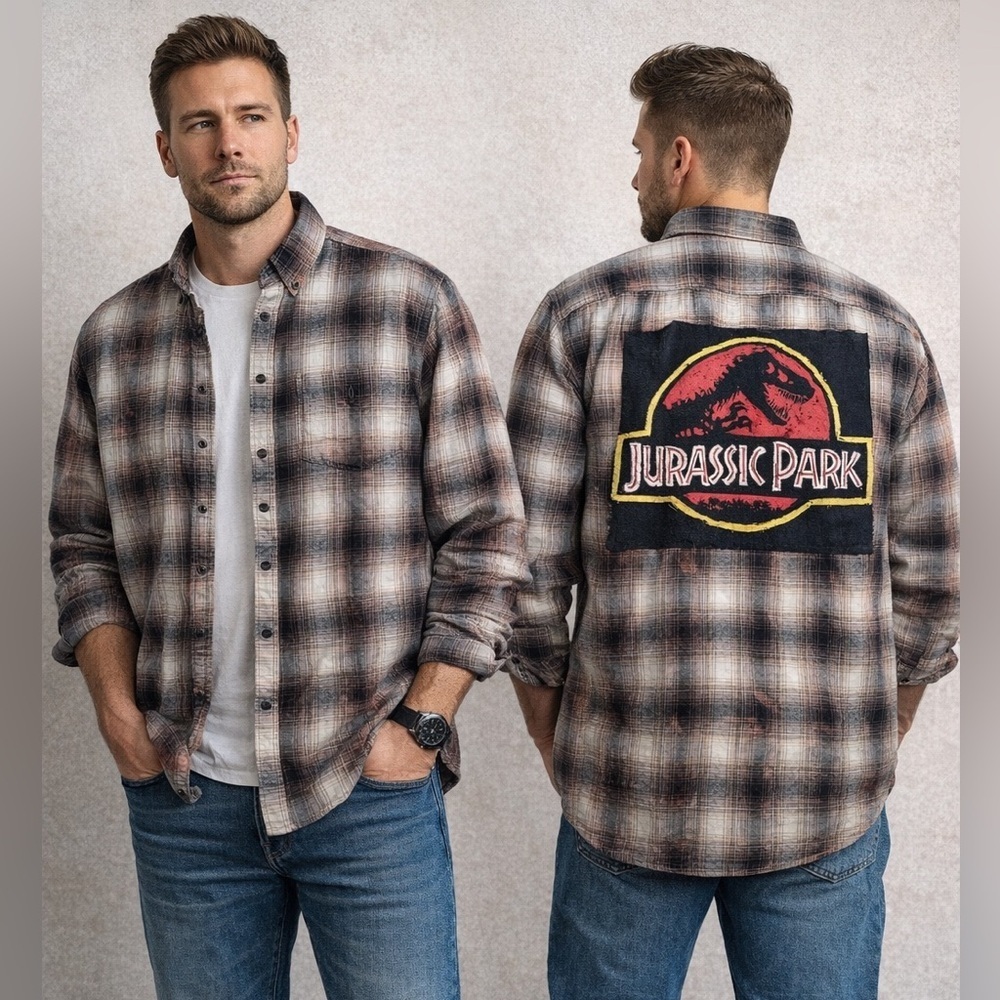 Jurassic Park Custom Bleached Flannel Shirt Croft & Barrow XL Movie Logo